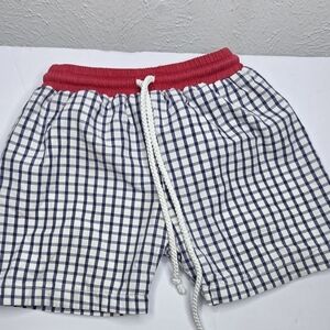 Cecil & Lou 24 Month Boys Blue and White Gingham Swim Shorts with Red Drawstring